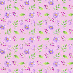 seamless pattern with flowers and green leaves