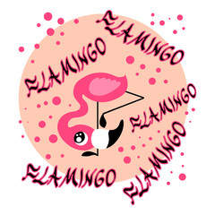 Cute pink flamingo baby looking from below with lettering and other decorative elements. Nice vector poster for all purposes.