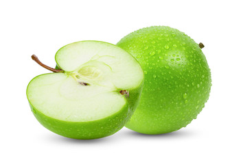  green apple Isolated on white background with water drop in full depth of field