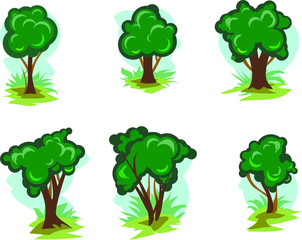 Set of green deciduous trees in cartoon style