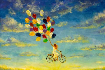 Tuinposter Painting Beautiful happy girl in white dress on bicycle with multi-colored balloons rides across sky illustration artwork fine art © weris7554