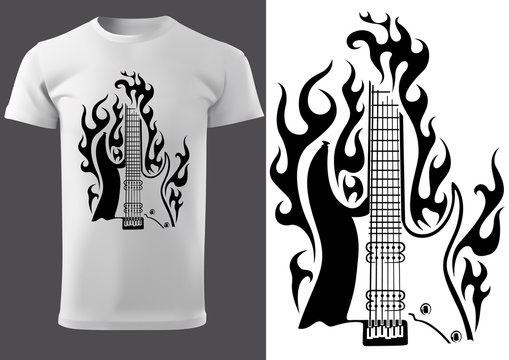 T-shirt with Black and White Motif of Burning Electric Guitar - Design Illustration for Rock Fans, Vector Graphic