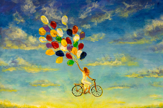 Painting Beautiful happy girl in white dress on bicycle with multi-colored balloons rides across sky illustration artwork fine art