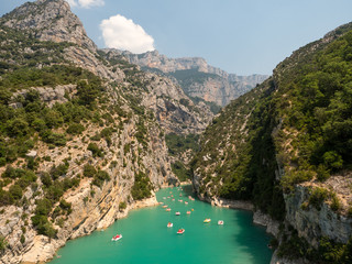France, july 2019: St Croix Lake, Les Gorges du Verdon with Tourists in kayaks, boats and paddle...