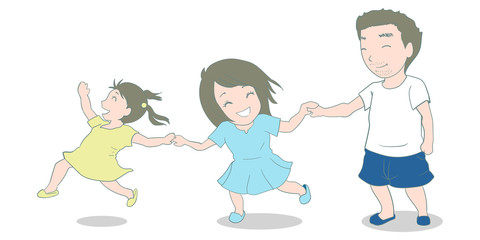 vector illustration of father and daughters running and holding hands, family concept, single dad