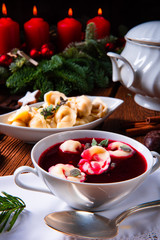 Fototapeta na wymiar traditional Polish Christmas Eve borscht with dumplings