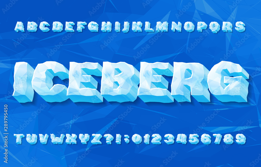 Fototapete iceberg alphabet font. 3d ice letters and numbers with shadow. abstract geometric background. stock 