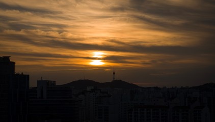 sunset in city
