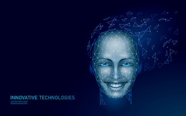 Low poly female human face biometric identification. Recognition system concept. Personal data secure access scanning innovation technology. 3D polygonal rendering vector illustration