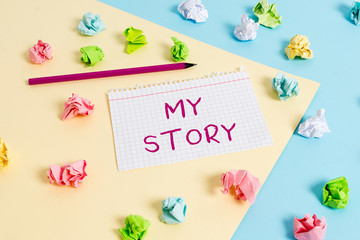 Text sign showing My Story. Business photo text the things or situations that have happened to someone in life Colored crumpled papers empty reminder blue yellow background clothespin