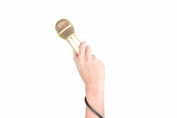 Hand holding Gold microphone isolated on white
