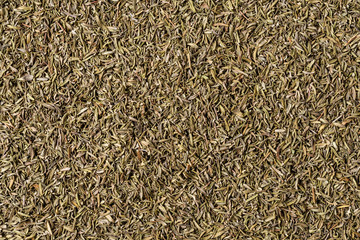 Dried thyme texture. Background with copyspace. Close up. Top view