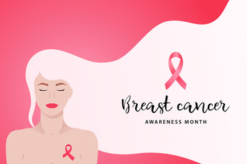 Breast cancer awareness month banner with young woman and pink ribbon. Medical concept of prevention of breast cancer.