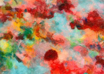 Abstract art background. Oil painting on canvas. Color texture. Fragment of artwork. Spots of oil paint. Brushstrokes of paint. Modern art. Contemporary art. Colorful canvas.