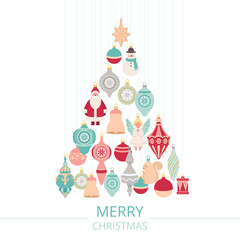 Composition of Christmas balls and toys hung in the shape of a Christmas tree. Holiday poster with text