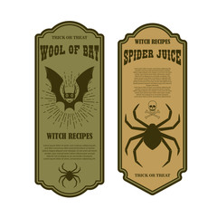 Halloween poison label. Wool of bat. Spider juice. Design element for poster, card, banner, sign. Vector illustration