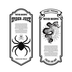 Halloween poison label. Spider juice. Snake poison. Design element for poster, card, banner, sign. Vector illustration