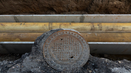 Replacement pipes in the city.Construction of heating mains for municipal infrastructure.