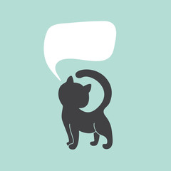 Silhouette of a cute cat on a blue background. White speech bubble with empty space for your design.