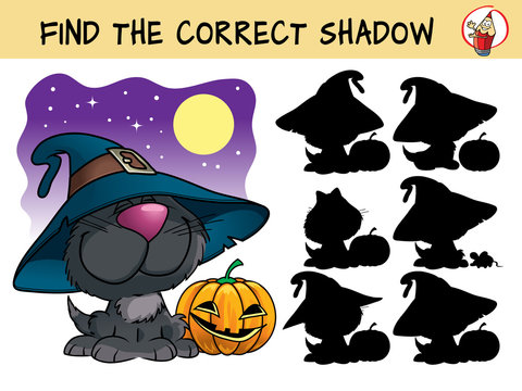 Funny black cat in a witch hat and a Halloween pumpkin. Find the correct shadow. Educational matching game for children. Cartoon vector illustration