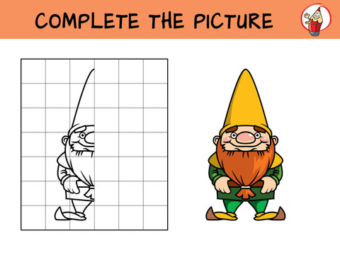 Complete the picture of a dwarf. Copy the picture. Coloring book. Educational game for children. Cartoon vector illustration