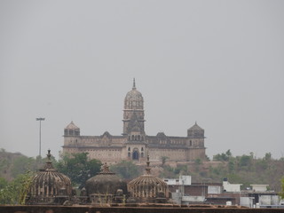 Ancient ruins of the great Lakshmi Narayan Mandir in Orchha, view from outside, India.