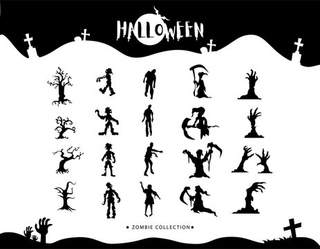 Set Of Zombie Walking, Hand And Tree Silhouette Collections. Happy Halloween Elements.