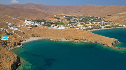 Aerial drone photo of famous beach of Livadi near main town of Astypalaia island, Dodecanese, Greece