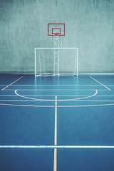 Front view of the court in the gym hall; indoors modern contemporary office stadium with a...