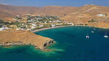 Aerial drone photo of famous beach of Livadi near main town of Astypalaia island, Dodecanese, Greece