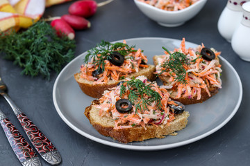 Homemade sandwiches with carrots and radishes, decorated with boiled egg and black olives in a plate against a dark background