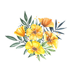 Watercolor floral composition with yellow flowers and greenery. Great for greeting cards and wedding design.