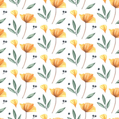Watercolor floral pattern with yellow  flower and greenery on a white background