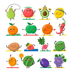 Fruit and vegetable doing sport exercise vector isolated.