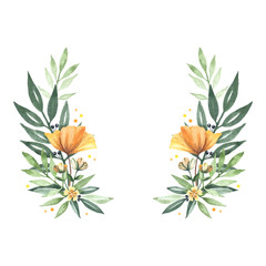 Watercolor floral wreath with orange flowers and greenery. Great for greeting cards and wedding design.
