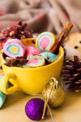 cup of hot chocolate with marshmallows and Christmas cookies