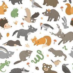 Fototapeta premium Vector seamless pattern with hand drawn flat funny animals. Cute repeat background with forest creatures. Sweet woodland ornament for children’s design, print. 