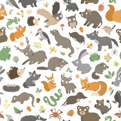 Vector seamless pattern with hand drawn flat funny little baby animals. Cute repeat background with forest creatures. Sweet woodland ornament for children’s design, print. 