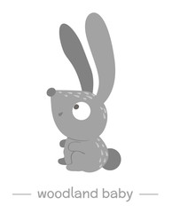 Vector hand drawn flat baby rabbit. Funny woodland animal icon. Cute forest animalistic illustration for children’s design, print, stationery.