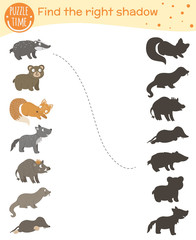 Shadow matching activity for children with woodland animals. Cute funny smiling wolf, bear, fox, badger, mole, otter, wild boar. Find the correct silhouette game..