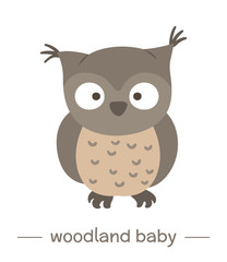 Vector hand drawn flat baby owl. Funny woodland animal icon. Cute forest animalistic illustration for children’s design, print, stationery.