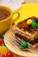 Tiramisu dish with cinnamon and candies on yellow background