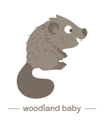Vector hand drawn flat baby beaver. Funny woodland animal icon. Cute forest animalistic illustration for children’s design, print, stationery.