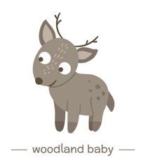 Vector hand drawn flat baby deer. Funny woodland animal icon. Cute forest animalistic illustration for children’s design, print, stationery.