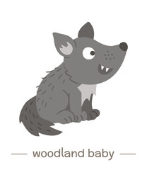 Vector hand drawn flat baby wolf. Funny woodland animal icon. Cute forest animalistic illustration for children’s design, print, stationery.