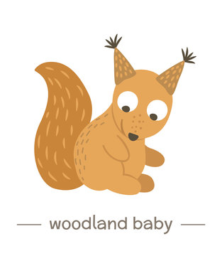 Vector hand drawn flat baby squirrel. Funny woodland animal icon. Cute forest animalistic illustration for children’s design, print, stationery.