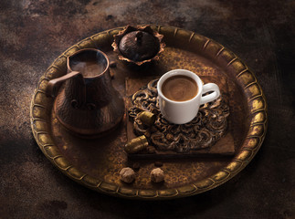 still life coffee. Coffee pot and cup coffee with sugar