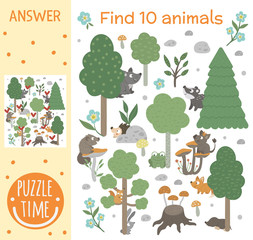 Searching game for children with animals and trees in the forest. Woodland topic. Cute funny smiling characters. Find hidden animals..