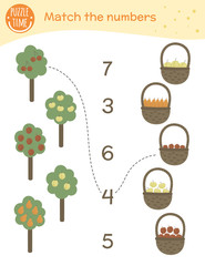 Matching game with trees, fruits and baskets. Math activity for preschool children. Counting worksheet. Educational riddle with cute funny characters..