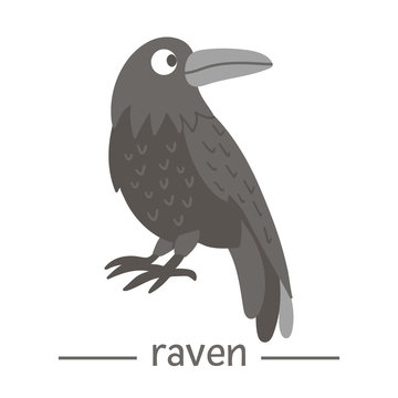 Vector hand drawn flat raven. Funny woodland bird icon. Cute forest animalistic illustration for children’s design, print, stationery.